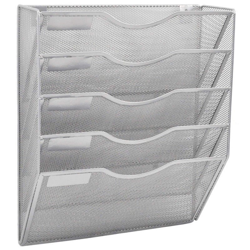 EASEPRES 5 Pocket Mesh Hanging Wall File Organizer, Wall Mounted Mail Paper Document Folder Holder, Clipboard Storage Organization Magazine Rack with Nametag Label for Office Home School, Silver - Image 1